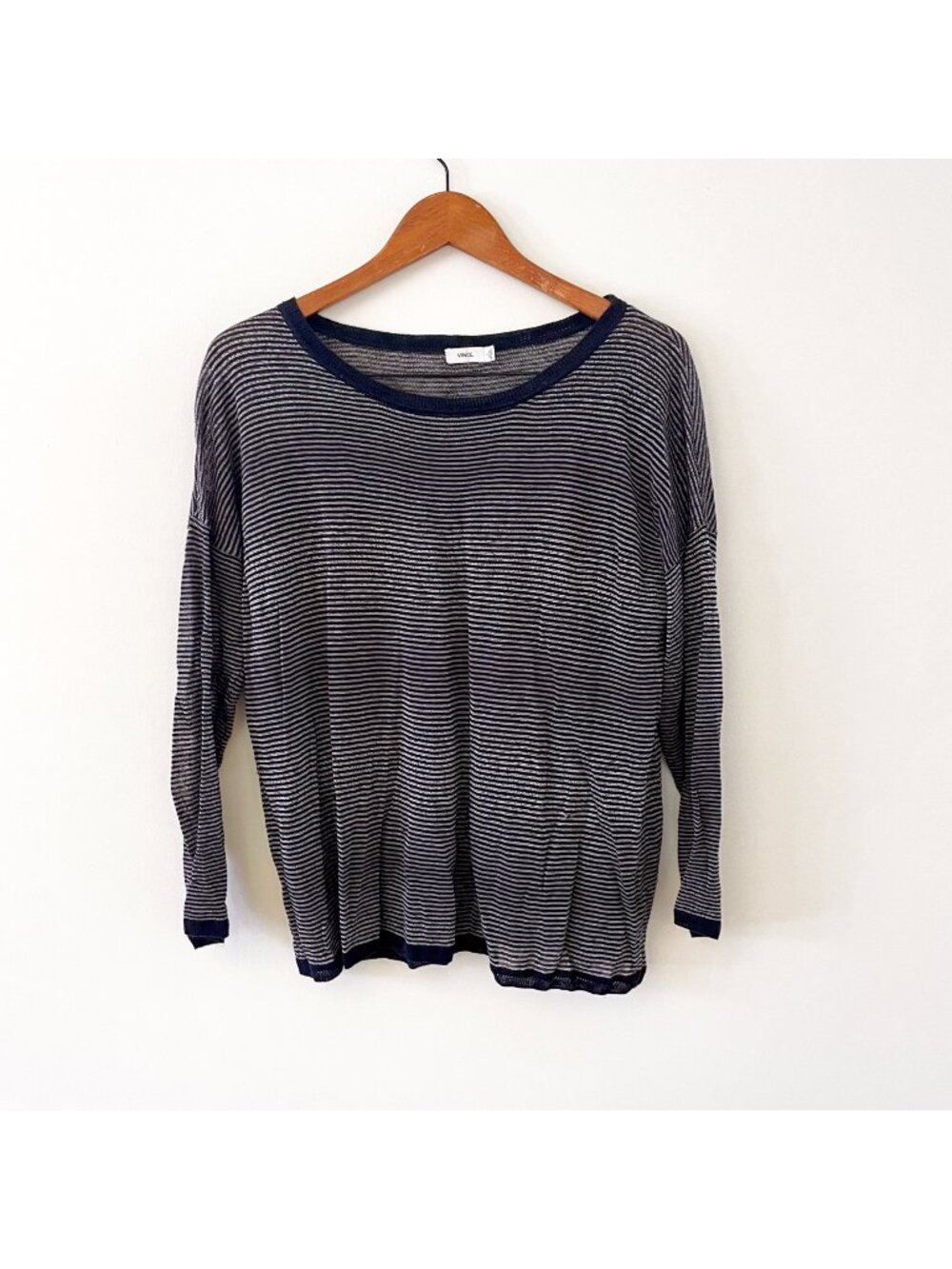 Vince Linen Blend Blue and Silver Boatneck Sweater, Size Small